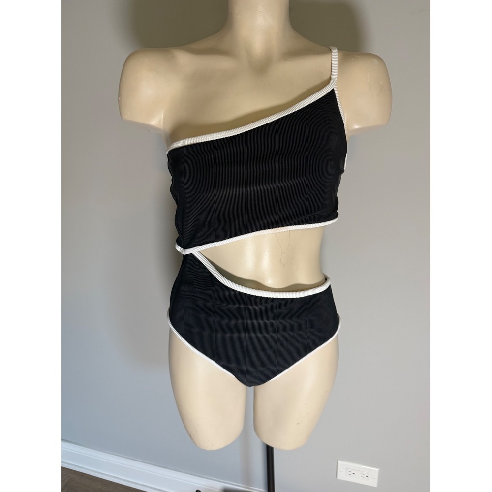 Beach Riot Celine One Piece Swimsuit Black White Ribbed Cutout One Shoulder M